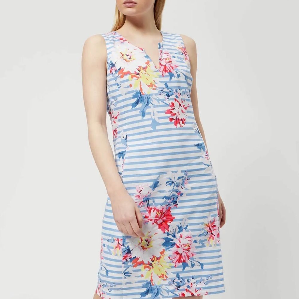 Joules Elayna V Neck Striped Floral Linen Pocket Sleeveless Zipper Accent Sz 12